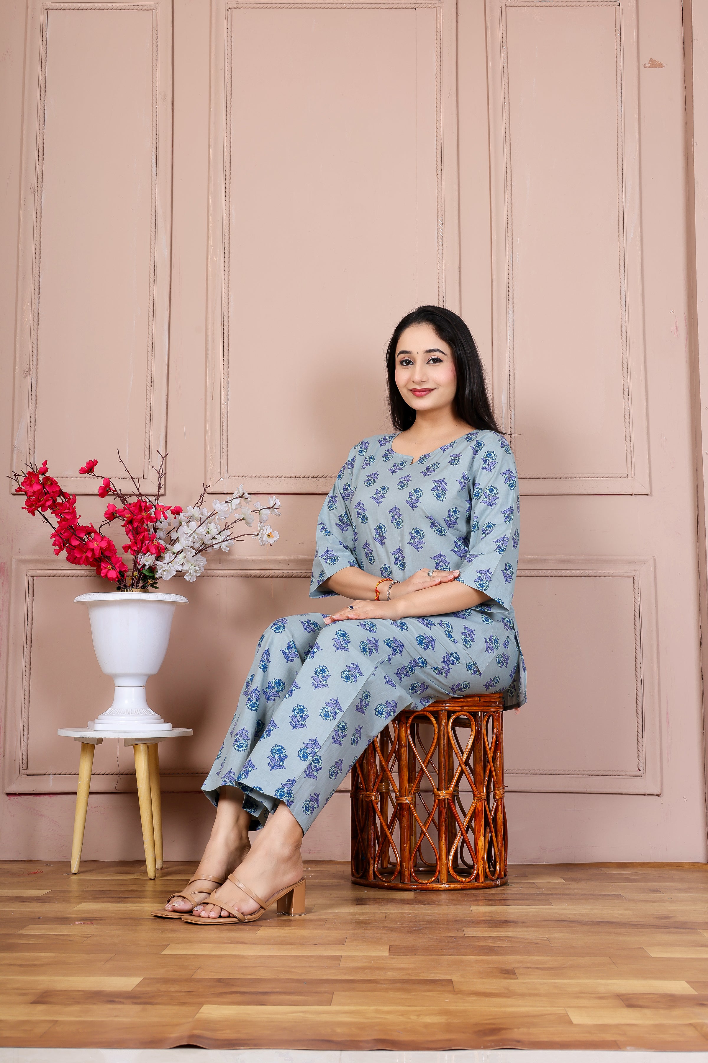 Majestic Divas Sky Blue Printed Cotton Co-Ord Set