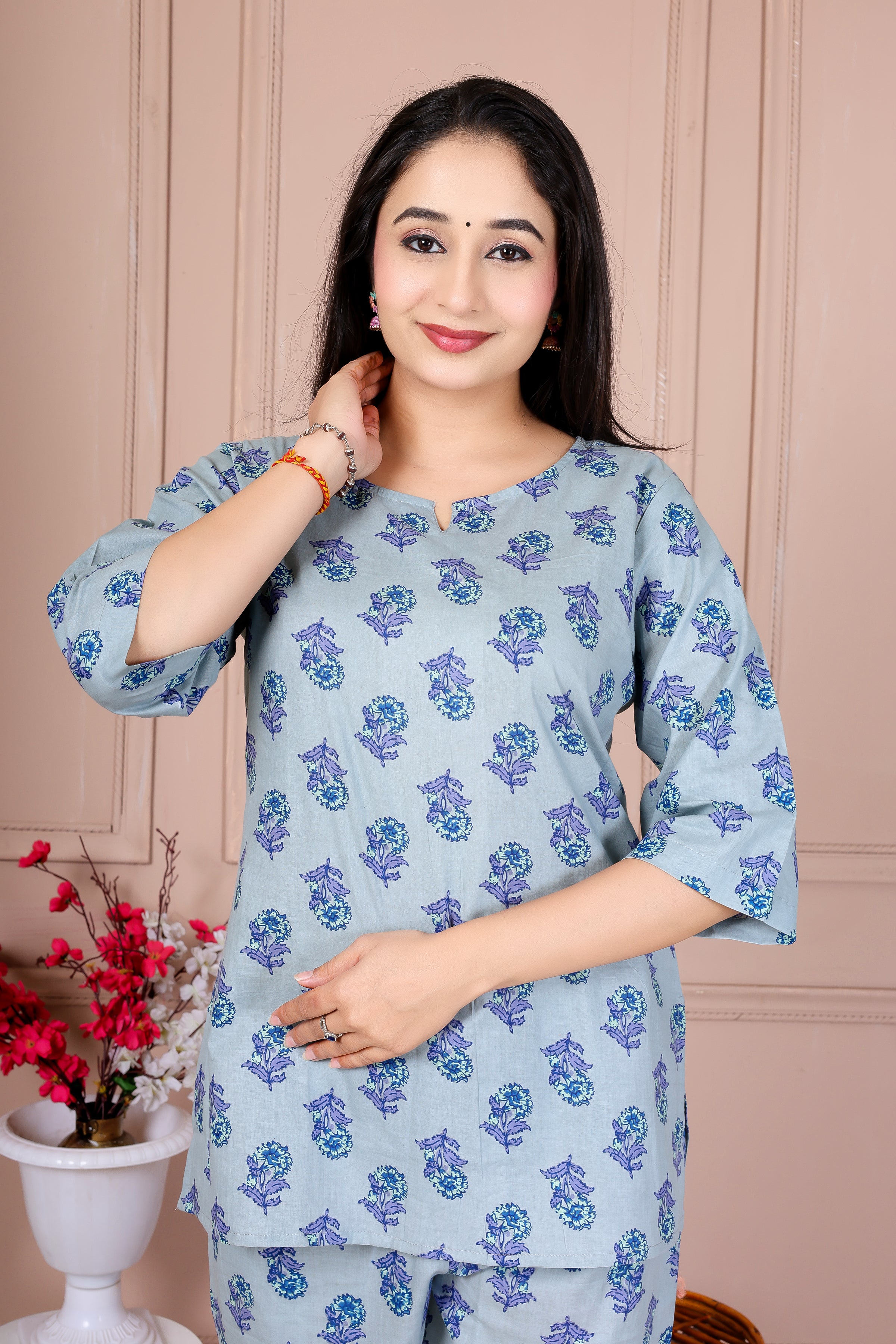 Majestic Divas Sky Blue Printed Cotton Co-Ord Set