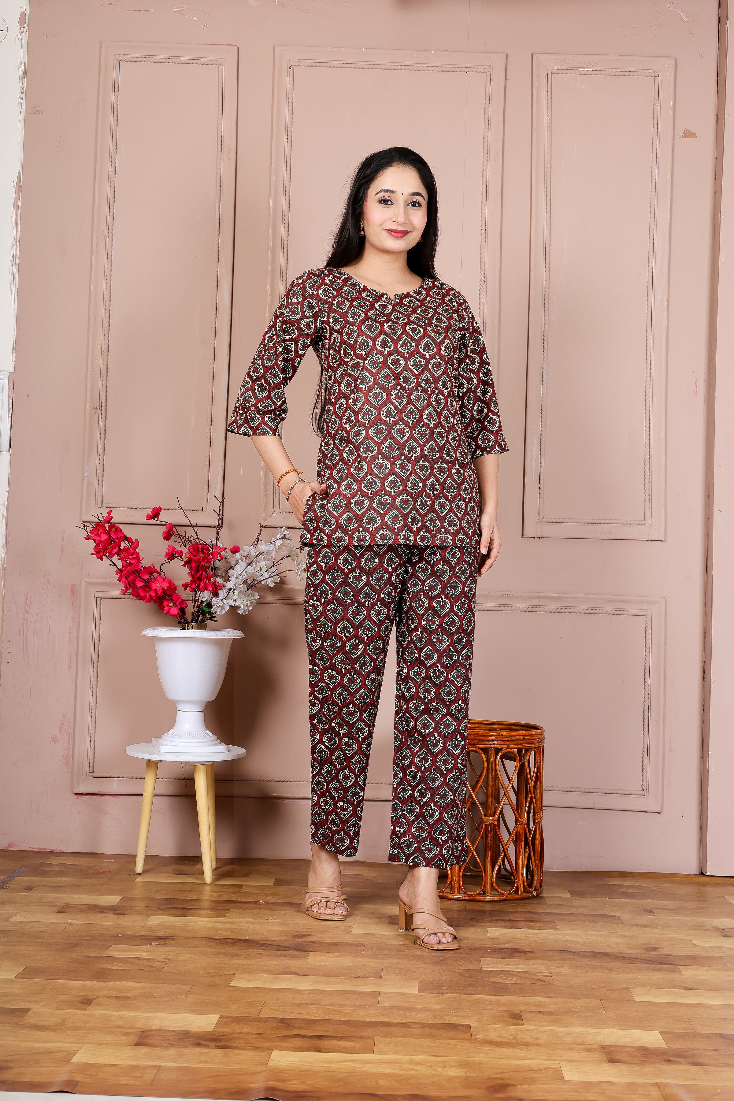 Majestic Divas Brown Printed Cotton Co-Ord Set Secondary image