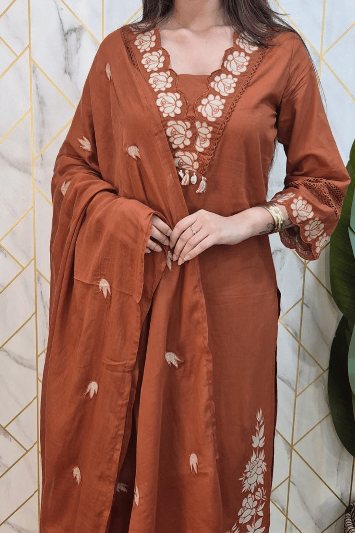 Majestic Diva Rust Brown Floral Embroidered Kurta Set with Dupatta