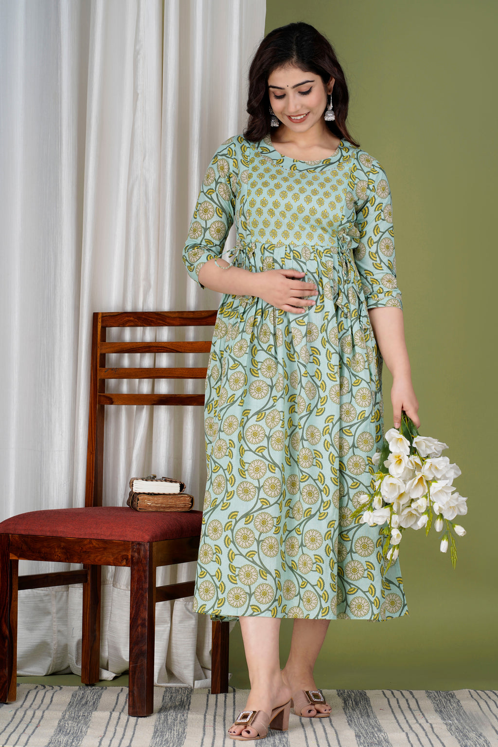 Majestic divas Cotton Mint Green Floral Vine Printed Maternity Feeding Kurta Dress with Dual Zippers