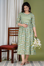 Majestic divas Cotton Mint Green Floral Vine Printed Maternity Feeding Kurta Dress with Dual Zippers