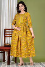 Majestic divas Cotton Mustard Yellow Floral Vine Printed Maternity Feeding Kurta Dress with Dual Zippers