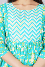 Majestic divas Cotton Aqua Blue White Floral Printed Maternity Feeding Kurta Dress with Dual Zippers