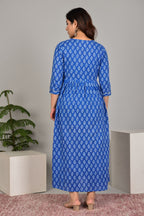 Majestic divas Cotton Blue White Buta Printed Maternity Feeding Kurta Dress with Dual Zippers