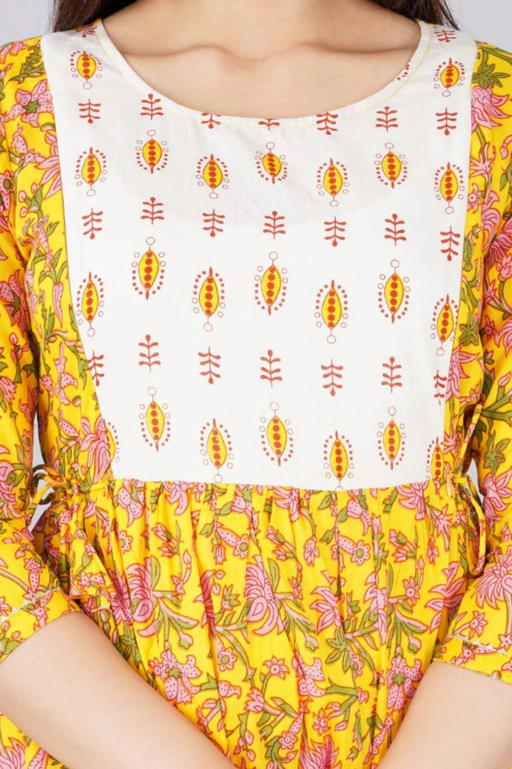 Majestic divas Cotton Lemon Yellow Floral Maternity Feeding Kurta Dress with Dual Zippers