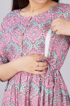 Majestic divas Cotton Pink Blue Floral Buta Printed Maternity Feeding Kurta Dress with Dual Zippers