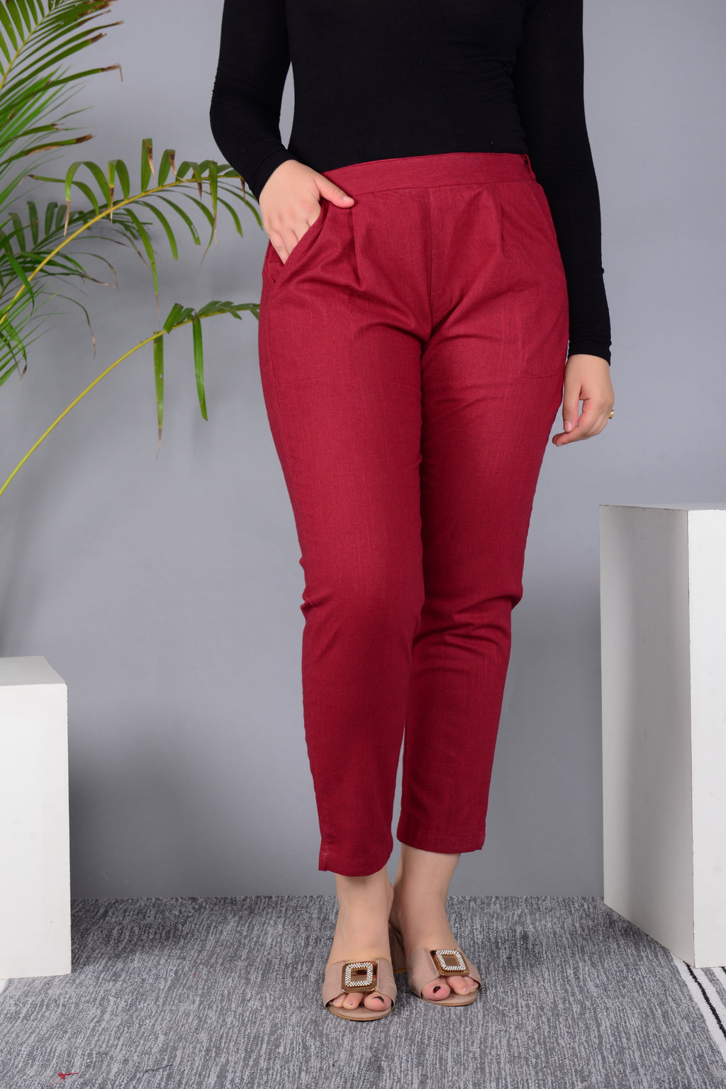 Majestic Diva's Women’s High Waist Brick Red Tapered Pants