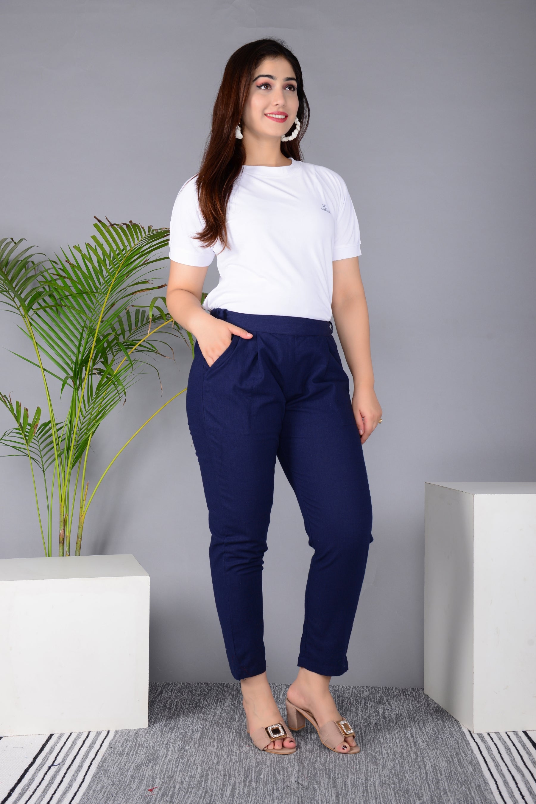 Majestic Diva's Women’s High Waist Classic Navy Blue Tapered Pants Main image