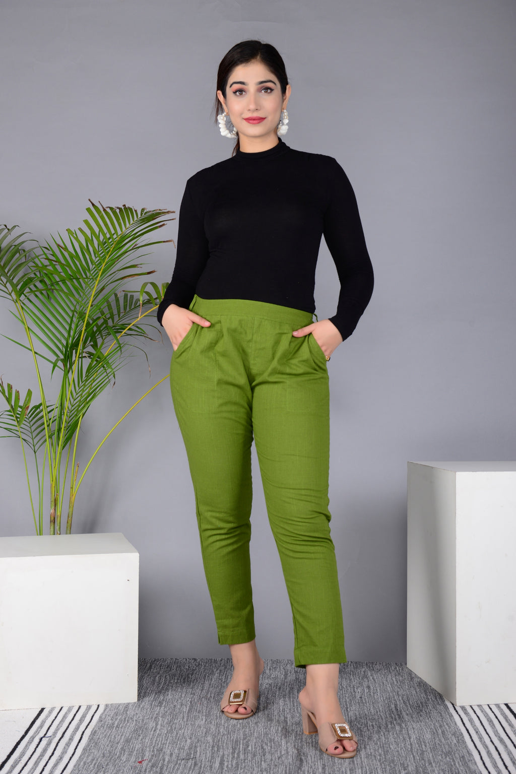 Majestic Diva's Women’s High Waist Olive Green Tapered Pants