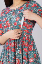 Majestic divas Cotton Teal Blue Red Floral Printed Maternity Feeding Kurta Dress with Dual Zippers