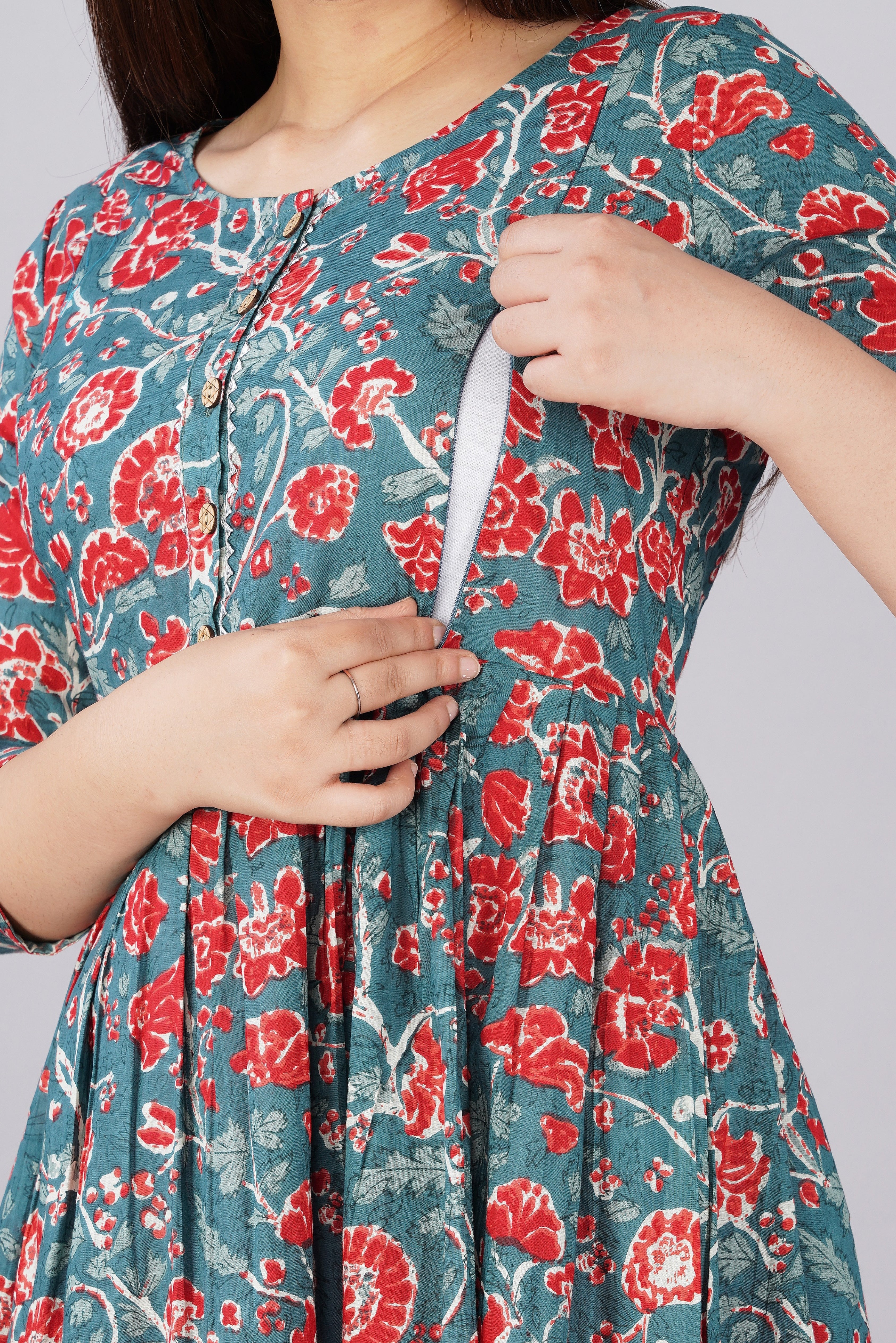 Majestic divas Cotton Teal Blue Red Floral Printed Maternity Feeding Kurta Dress with Dual Zippers