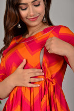 Majestic divas Cotton Pink Orange Chevron Zigzag Printed Maternity Feeding Kurta Dress with Dual Zippers