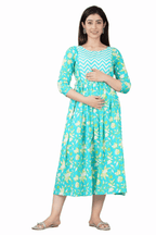 Majestic divas Cotton Aqua Blue Floral Maternity Feeding Kurta Dress with Dual Zippers