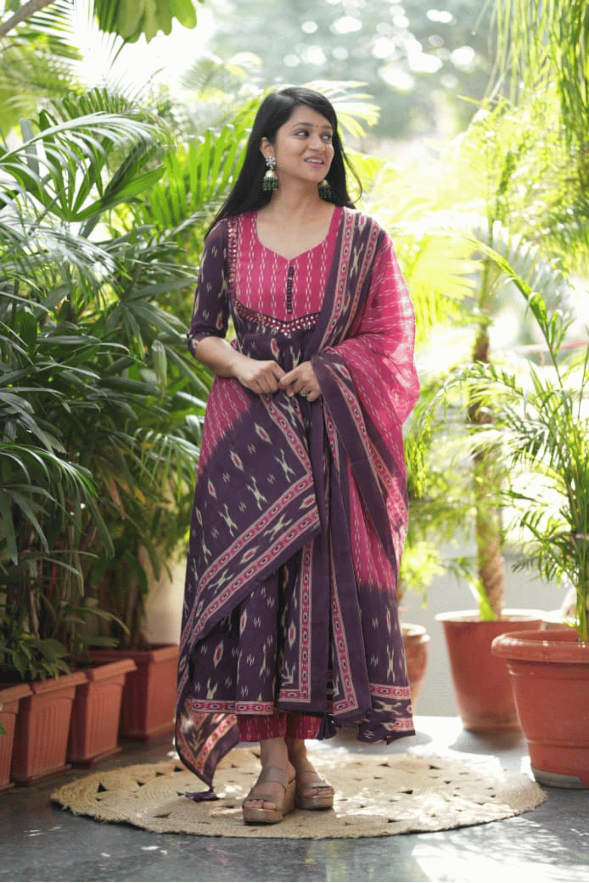 Majestic Diva Purple Ikat Print Anarkali Dupatta Set