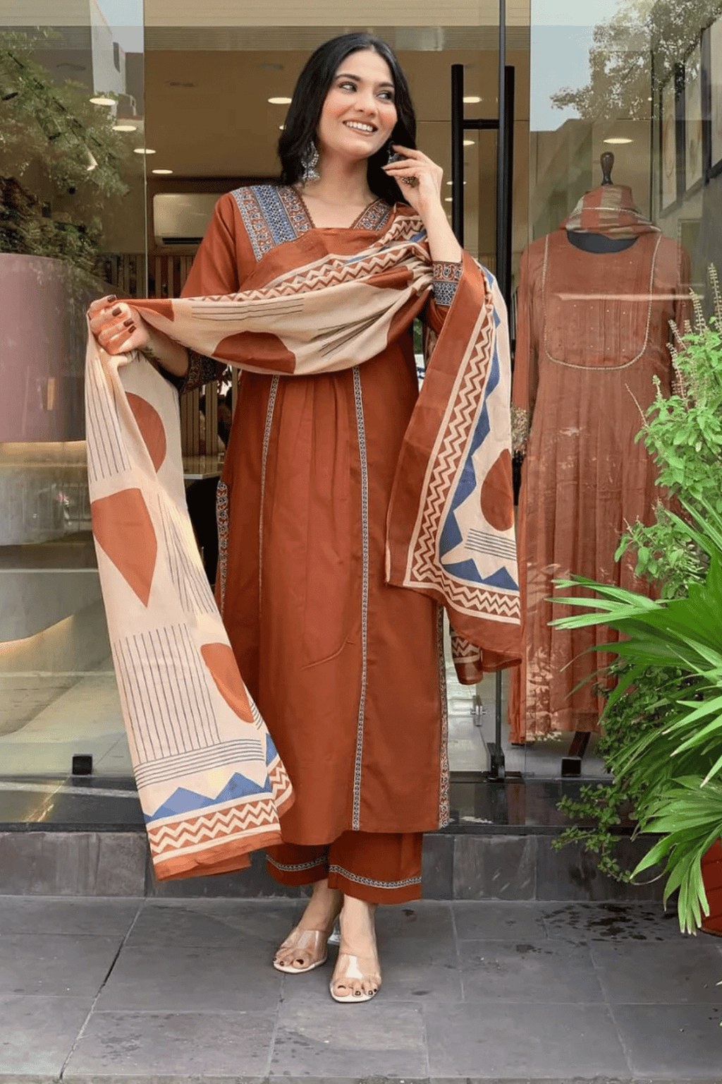 Majestic Diva Rust Brown Embroidered and Printed Dupatta Set