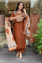 Majestic Diva Rust Brown Embroidered and Printed Dupatta Set