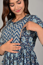 Majestic divas Cotton Navy Blue Floral Printed Maternity Feeding Kurta Dress with Dual Zippers