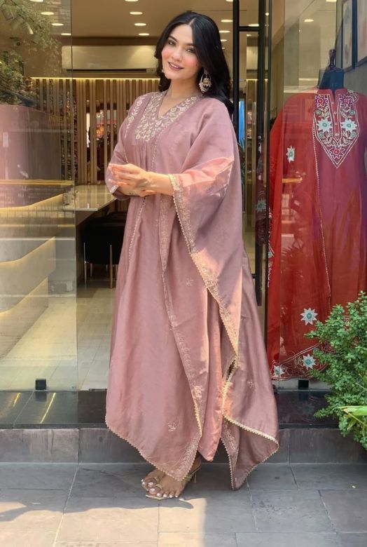 Dusty Mauve Premium Mul Chanderi Anarkali Dupatta Set with Full Embroidery Work