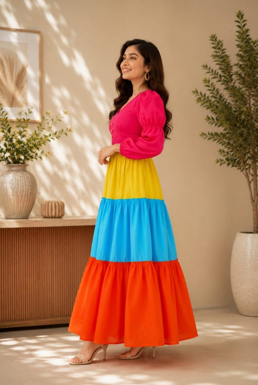 Rainbow Bloom Cotton Tiered Maxi Dress