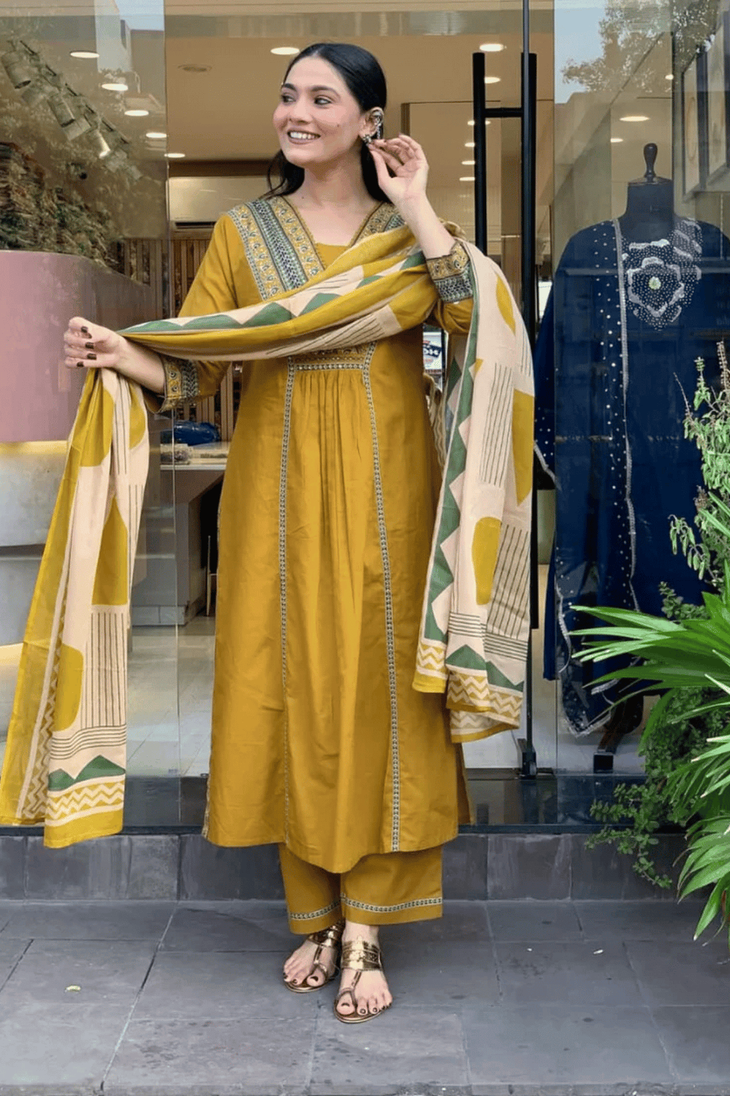 Majestic Diva Mustard Yellow Embroidered and Printed Dupatta set
