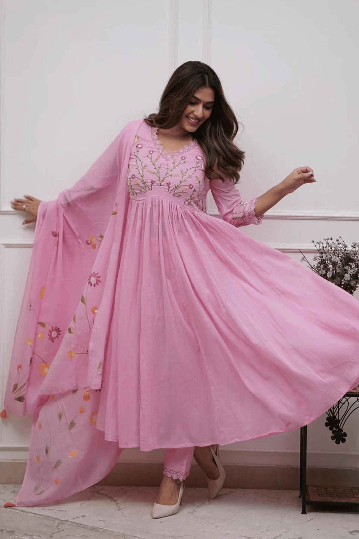 Majestic Divas Blush Petal Pink Anarkali Dupatta Set