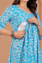Majestic Divas Cotton Sky Blue Floral Printed Maternity Feeding Kurta Dress with Round Neck & Dual Side Zippers