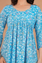 Majestic Divas Cotton Sky Blue Floral Printed Maternity Feeding Kurta Dress with Round Neck & Dual Side Zippers