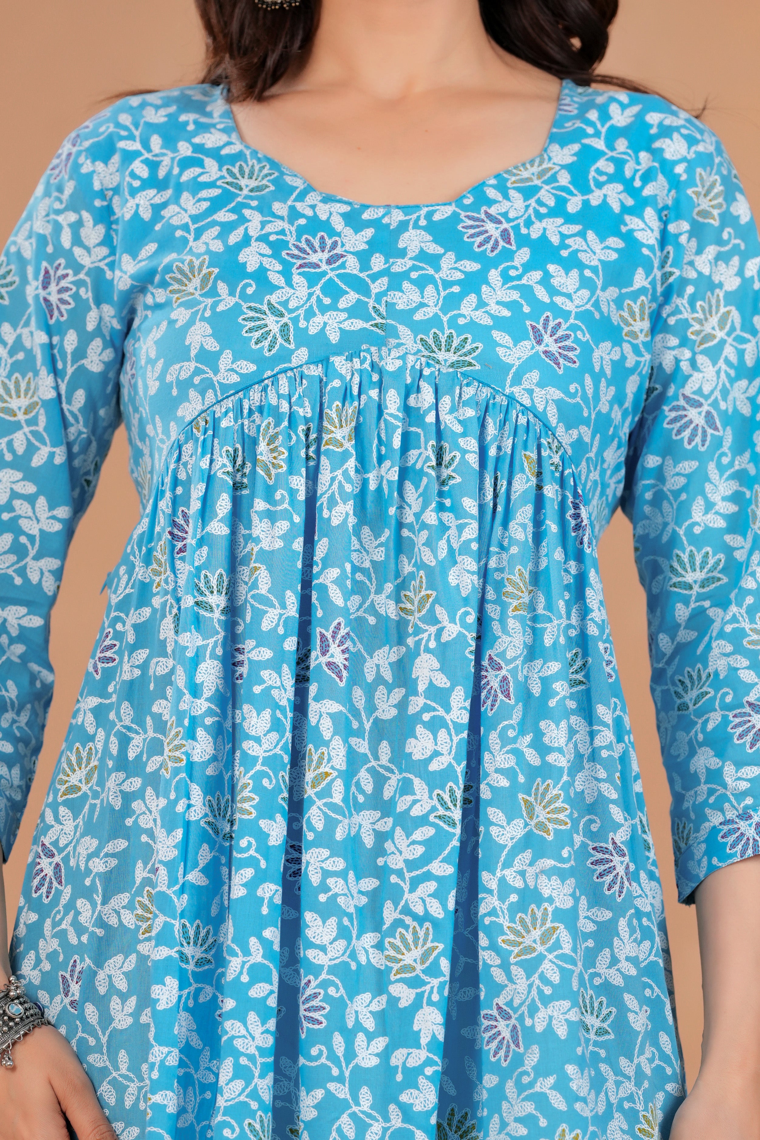 Majestic Divas Cotton Sky Blue Floral Printed Maternity Feeding Kurta Dress with Round Neck & Dual Side Zippers
