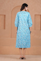 Majestic Divas Cotton Sky Blue Floral Printed Maternity Feeding Kurta Dress with Round Neck & Dual Side Zippers