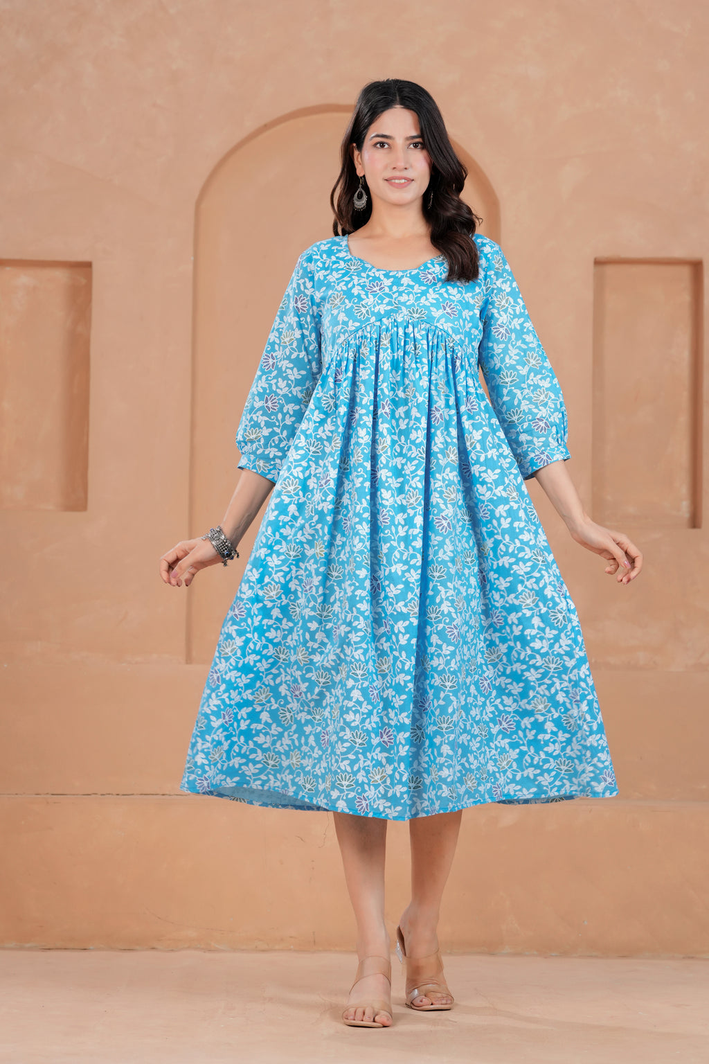Majestic Divas Cotton Sky Blue Floral Printed Maternity Feeding Kurta Dress with Round Neck & Dual Side Zippers