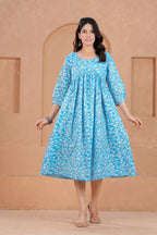Majestic Divas Cotton Sky Blue Floral Printed Maternity Feeding Kurta Dress with Round Neck & Dual Side Zippers