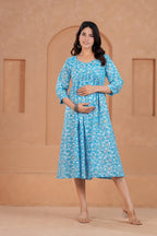 Majestic Divas Cotton Sky Blue Floral Printed Maternity Feeding Kurta Dress with Round Neck & Dual Side Zippers