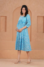 Majestic Divas Cotton Sky Blue Floral Printed Maternity Feeding Kurta Dress with Round Neck & Dual Side Zippers