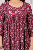Majestic Divas  Cotton Maroon Floral Printed Maternity Feeding Kurta Dress with Round Neck & Dual Side Zippers