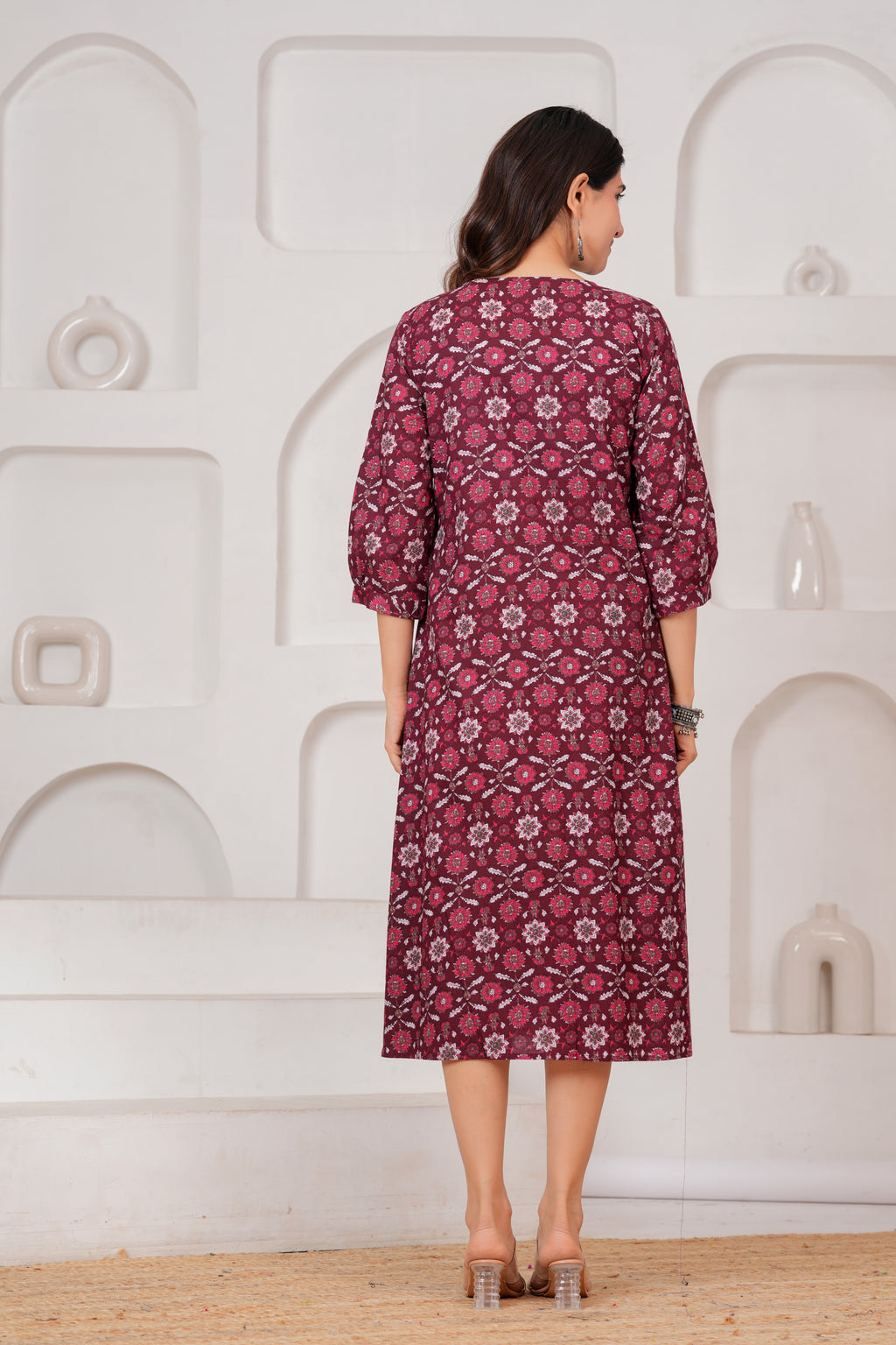 Majestic Divas  Cotton Maroon Floral Printed Maternity Feeding Kurta Dress with Round Neck & Dual Side Zippers