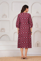 Majestic Divas  Cotton Maroon Floral Printed Maternity Feeding Kurta Dress with Round Neck & Dual Side Zippers