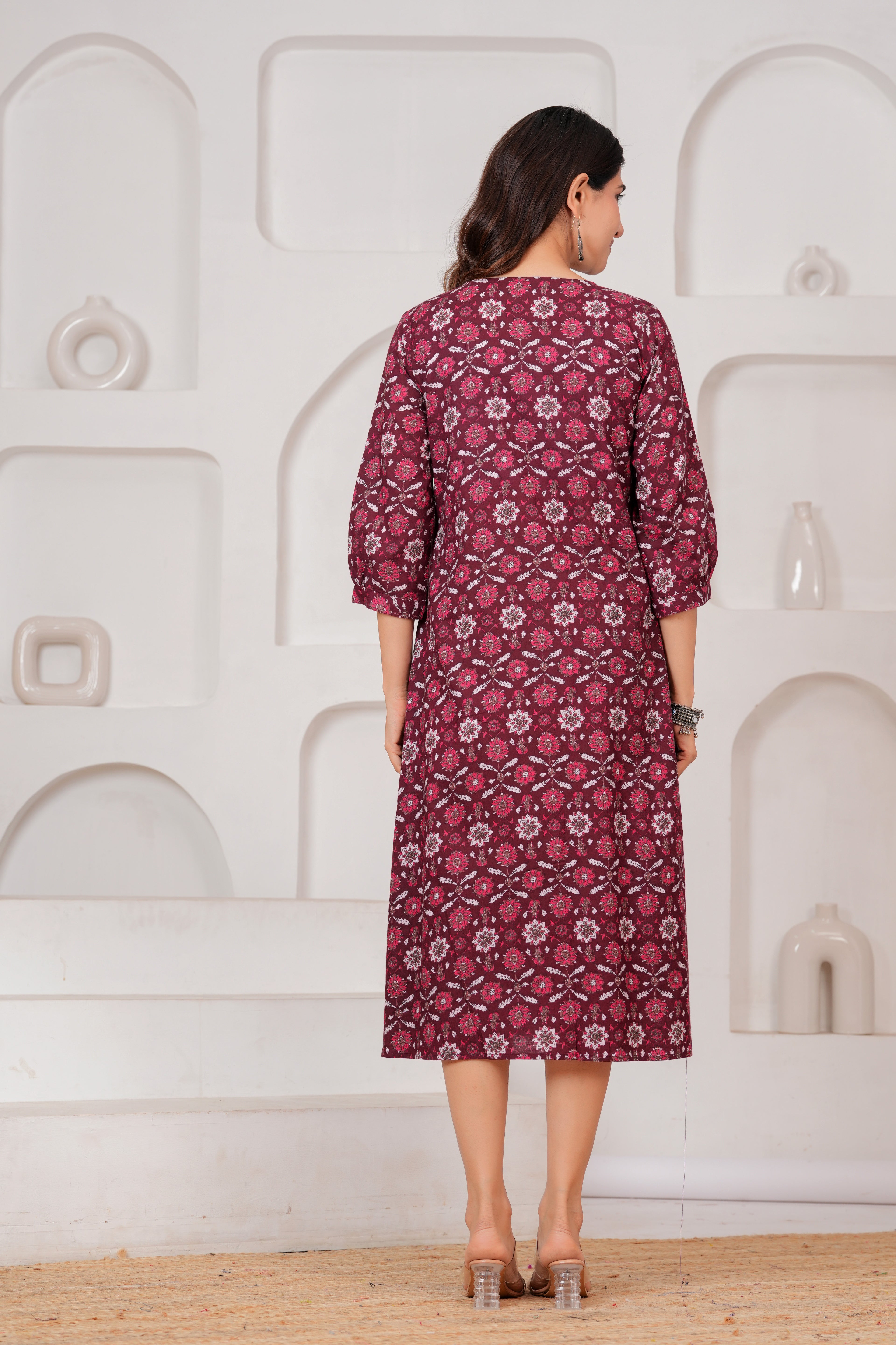 Majestic Divas  Cotton Maroon Floral Printed Maternity Feeding Kurta Dress with Round Neck & Dual Side Zippers