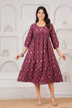 Majestic Divas  Cotton Maroon Floral Printed Maternity Feeding Kurta Dress with Round Neck & Dual Side Zippers