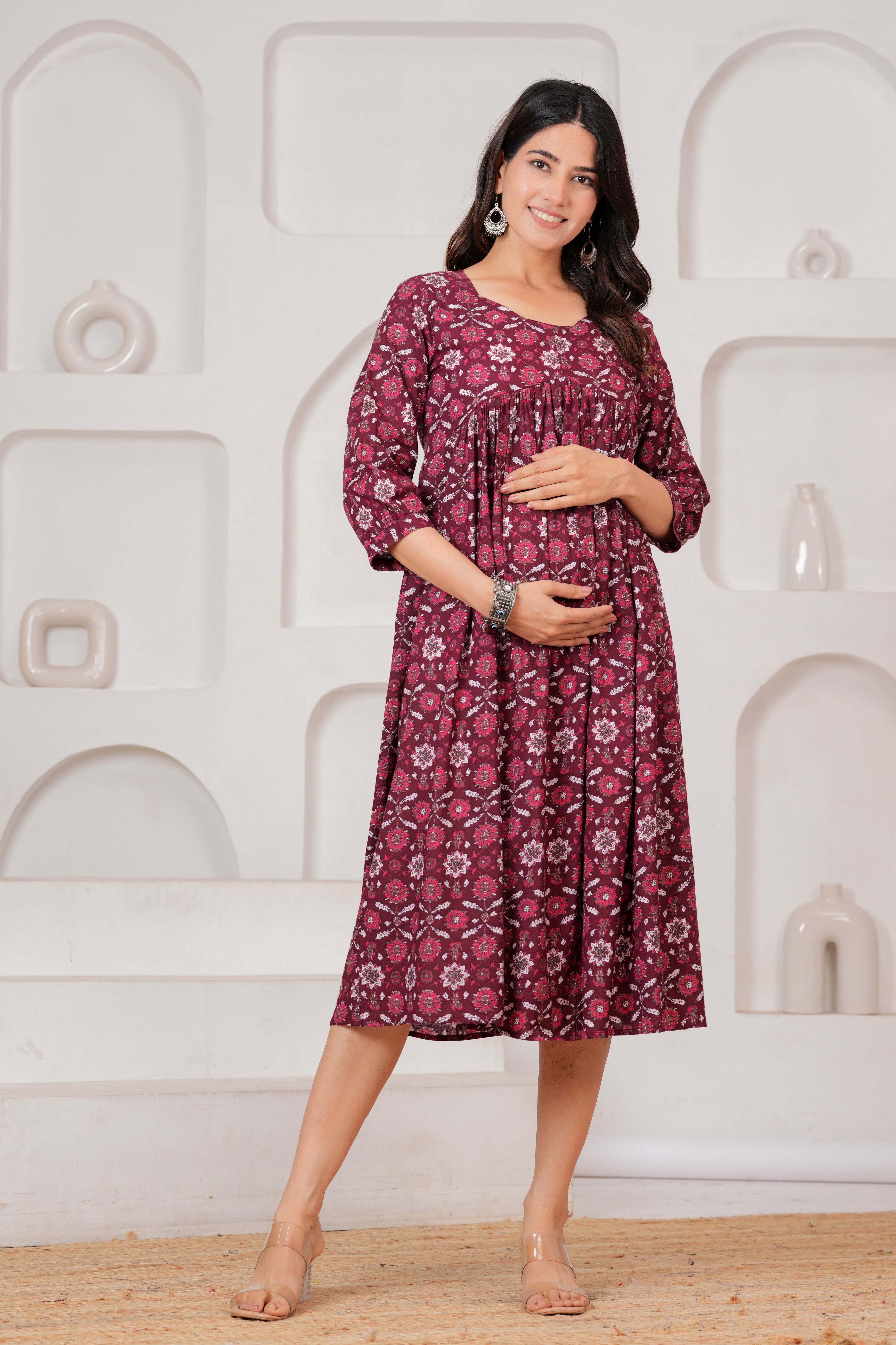 Majestic Divas  Cotton Maroon Floral Printed Maternity Feeding Kurta Dress with Round Neck & Dual Side Zippers Secondary image
