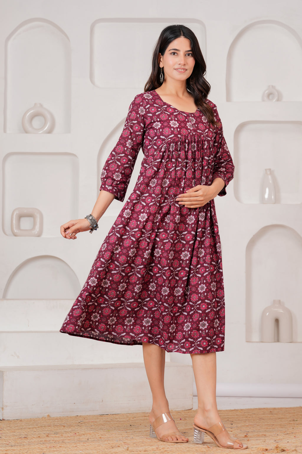 Majestic Divas  Cotton Maroon Floral Printed Maternity Feeding Kurta Dress with Round Neck & Dual Side Zippers