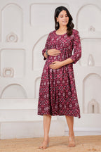 Majestic Divas  Cotton Maroon Floral Printed Maternity Feeding Kurta Dress with Round Neck & Dual Side Zippers