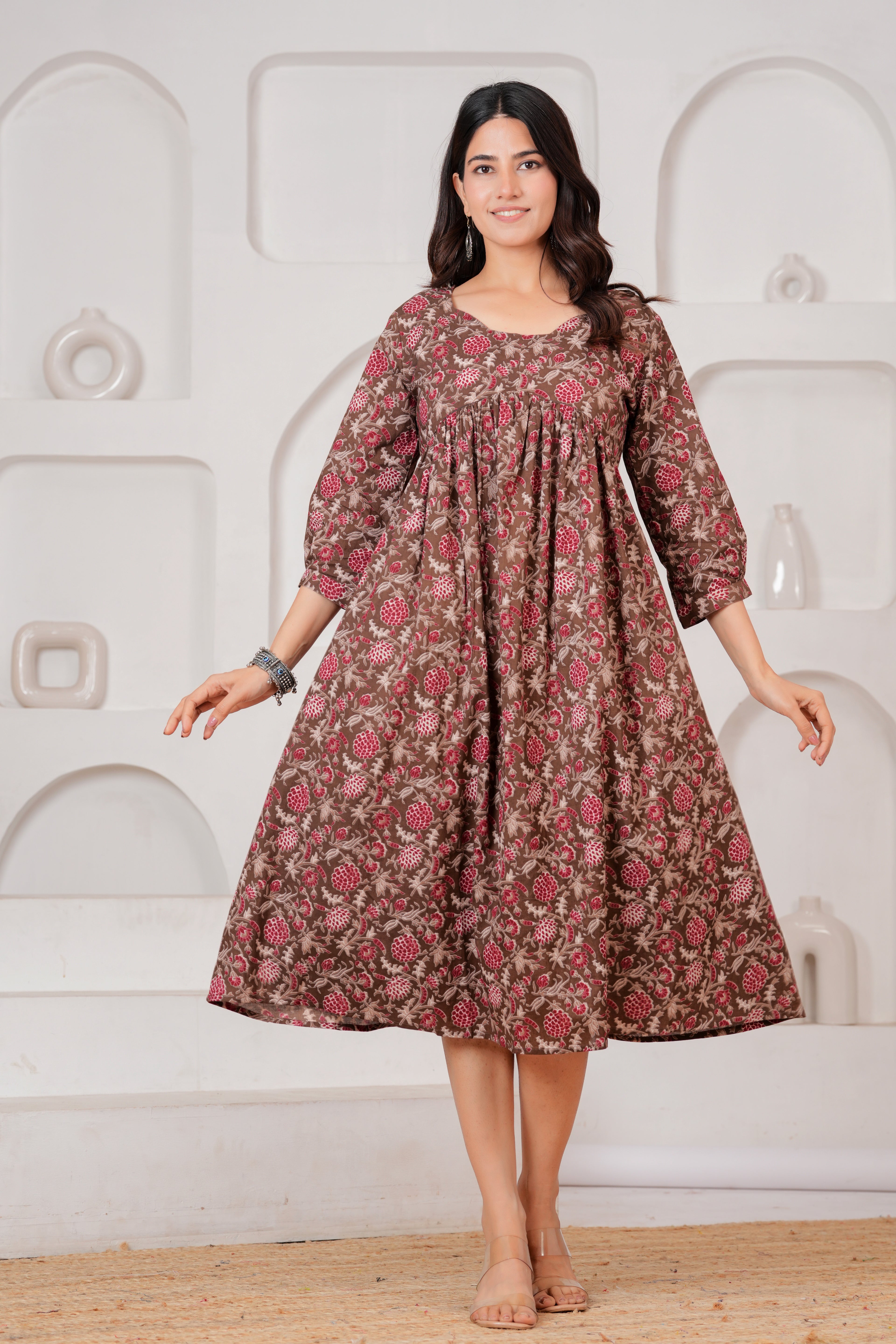Majestic Divas Cotton Brown Floral Printed Maternity Feeding Kurta Dress with Round Neck & Dual Side Zippers