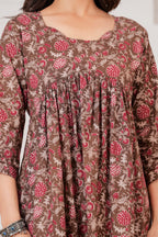 Majestic Divas Cotton Brown Floral Printed Maternity Feeding Kurta Dress with Round Neck & Dual Side Zippers