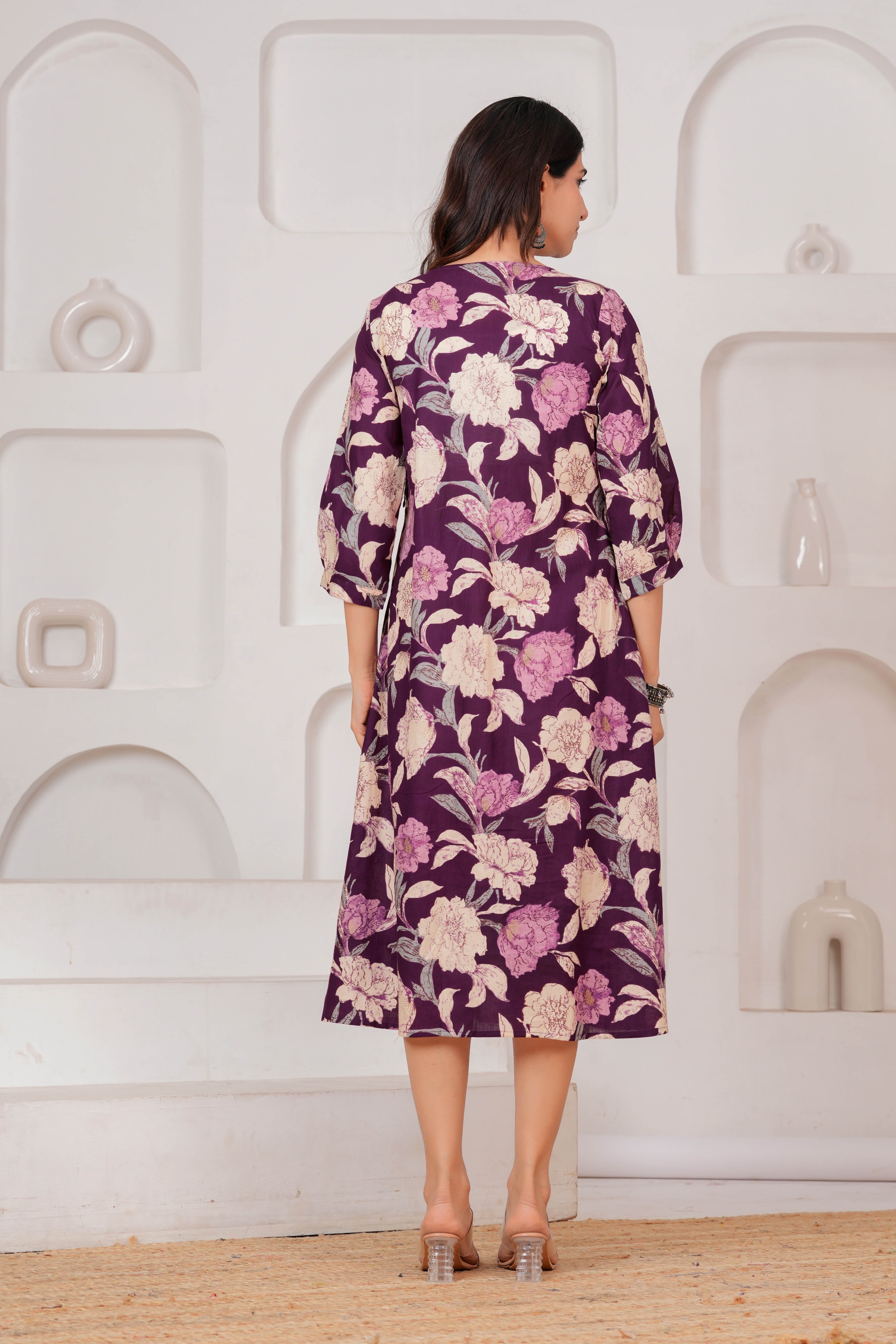 Majestic Divas Cotton Purple Floral Printed Maternity Feeding Kurta Dress with Round Neck & Dual Side Zippers Secondary image