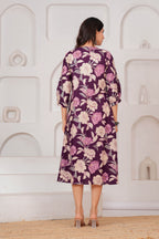 Majestic Divas Cotton Purple Floral Printed Maternity Feeding Kurta Dress with Round Neck & Dual Side Zippers