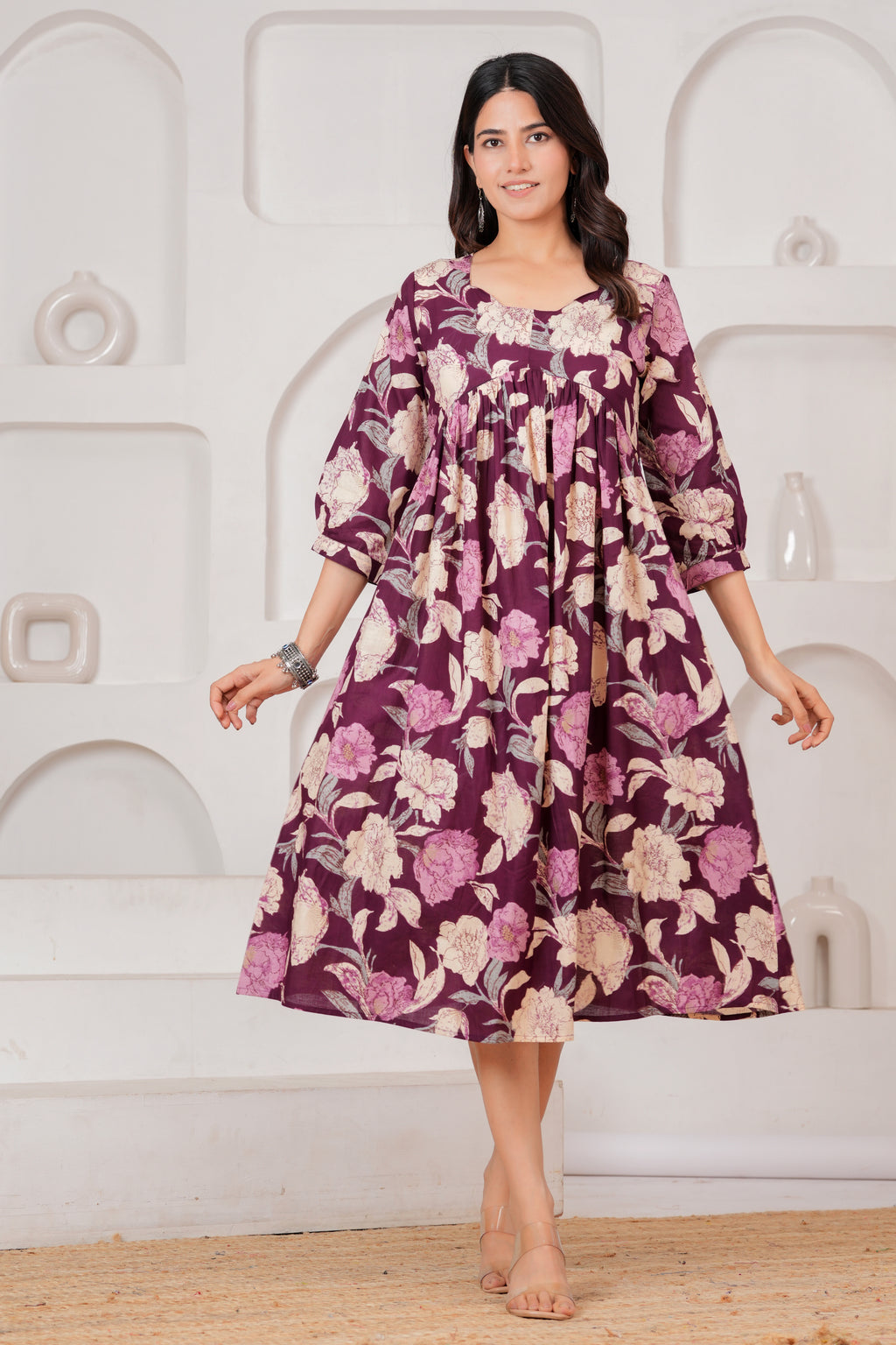 Majestic Divas Cotton Purple Floral Printed Maternity Feeding Kurta Dress with Round Neck & Dual Side Zippers