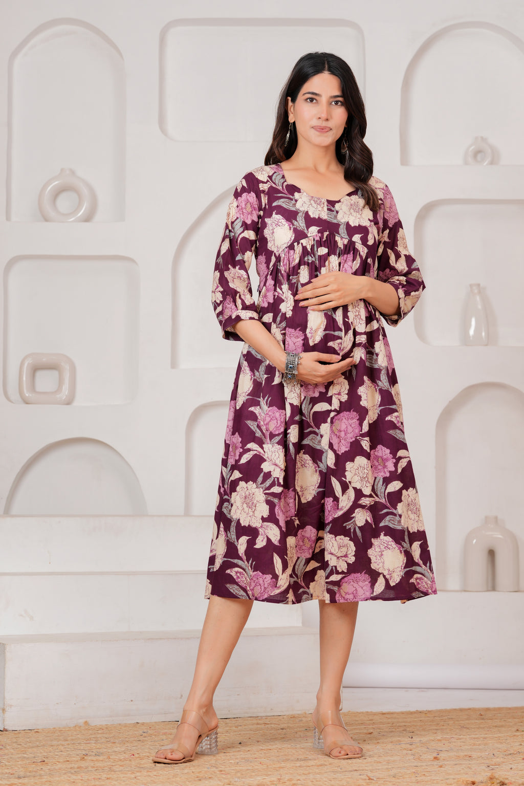 Majestic Divas Cotton Purple Floral Printed Maternity Feeding Kurta Dress with Round Neck & Dual Side Zippers