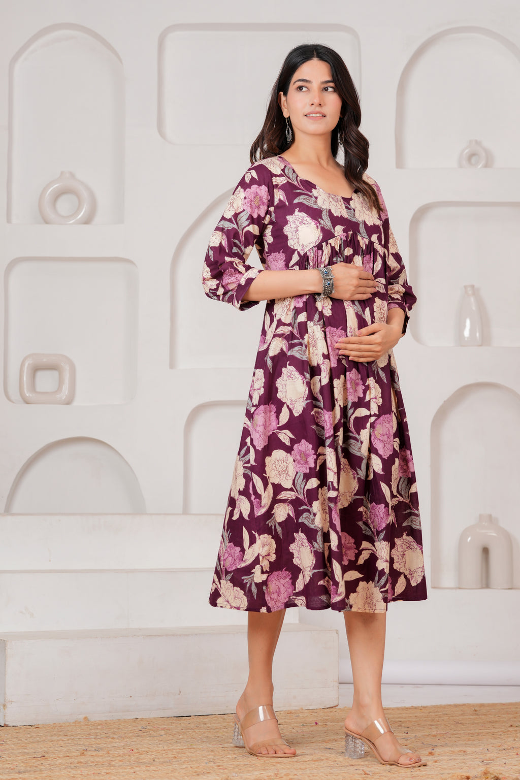 Majestic Divas Cotton Purple Floral Printed Maternity Feeding Kurta Dress with Round Neck & Dual Side Zippers