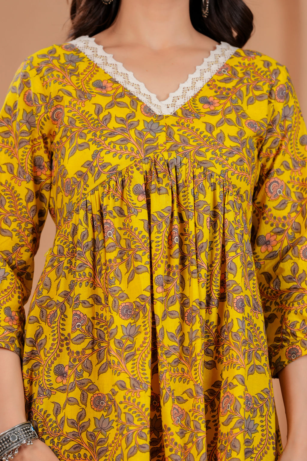 Majestic Divas Cotton Yellow Floral Printed Maternity Feeding Kurta Dress with Lace V-Neck & Dual Side Zippers